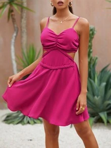 SHEIN VCAY Váy yếm hở lưng xếp ly màu hồng mùa hè cho nữ - Màu Hồng Tươi - Xem 1