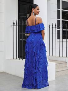 SHEIN Belle 優雅、浪漫、女性化、柔和的皇家藍色雪紡對比蕾絲，春季婚禮季節，細肩帶、露肩層疊水母荷葉邊，柔軟高腰人魚A字型裙，音樂節假期，復活節返鄉，畢業典禮，舞會派對長裙 - 藍色 - 查看 3