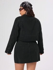 SHEIN ICON Kích thước lớn Của phụ nữ Ngắn Đúng mốt Xe máy Áo khoác Áo khoác denim - màu đen - Xem 2