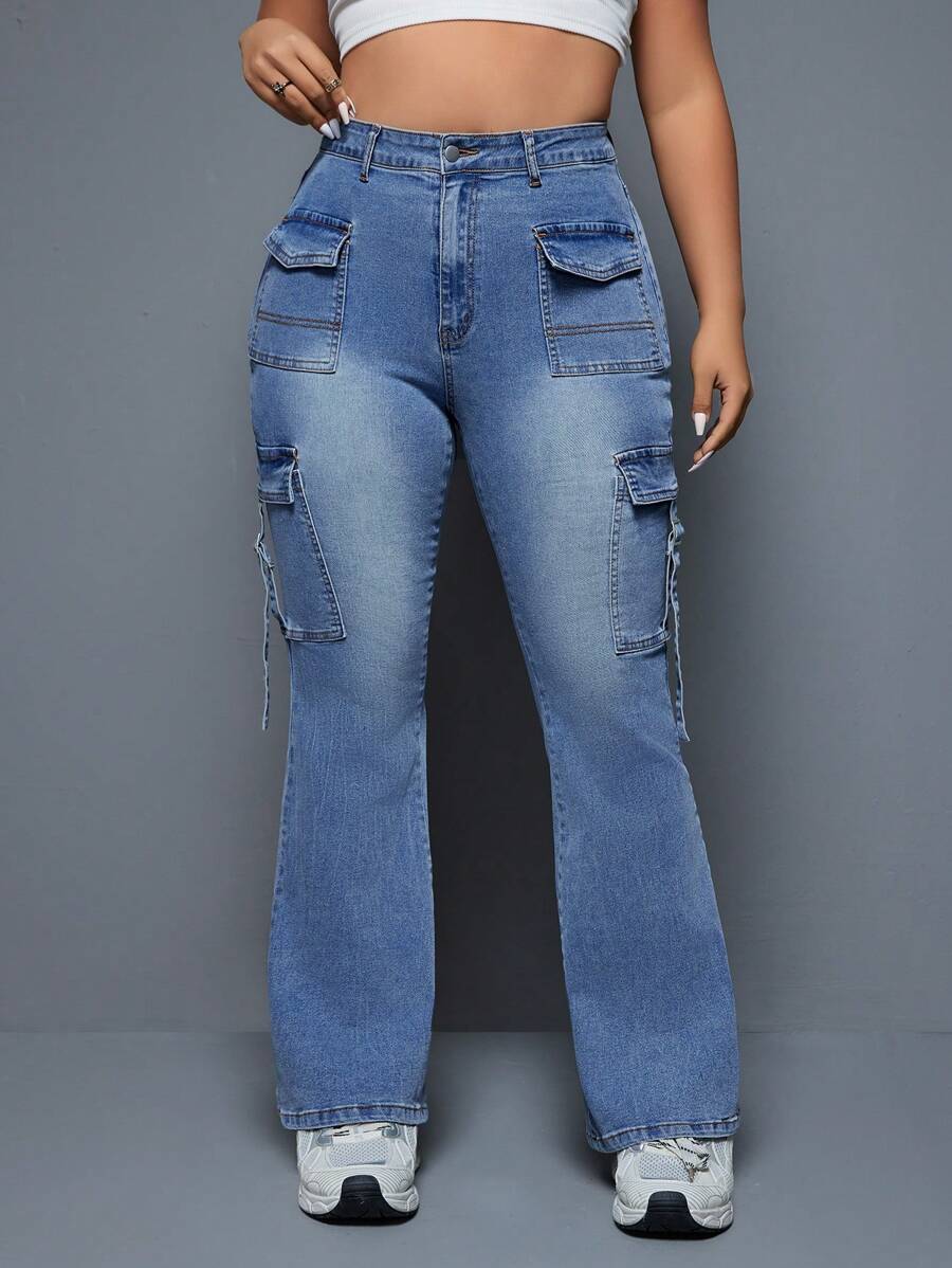 SHEIN ICON Kích thước lớn Của phụ nữ Trang phục làm việc Túi Quần jean loe - Màu xanh lam - Xem 1