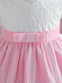 SHEIN Glamorique Kids Baby Girl's Elegant Mesh Dress With Bow Decor And Contrasting Jacquard - White - View 6