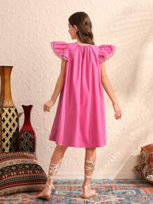Tween Girl's Woven Solid Color Sweet And Loose Dress With Ruffle And Decoration On Sleeves - Hot Pink - View 6