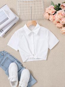 SHEIN Teen Girls Collared Curved Hem Blouse - White - View 3