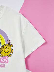 Mr Men Little Miss X SHEIN Tween女孩卡通和標語圖形落肩t恤 - 白色 - 查看 4