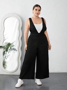 SHEIN Essnce Của phụ nữ Kích thước lớn Đen Xếp li Áo liền quần - màu đen - Xem 5