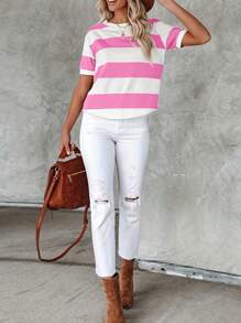 女士条纹印花圆领短袖休闲T恤，女士夏季服装，女士休闲上衣夏装，日常夏季上衣 - 粉色 - 查看 3