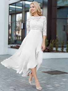 MIUSOL 花卉蕾丝束身胸衣配荷叶边，雪纺正式派对礼服，婚礼宾客礼服，晚礼服