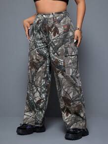 SHEIN ICON 大尺碼樹紋印花工裝牛仔褲 - 彩色 - 查看 1