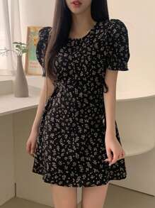 DAZY Floral Print Round Neck Tie Waist A-Line Dress Summer Sundress