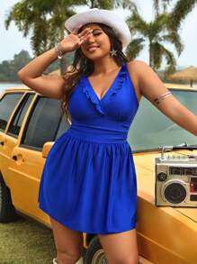 Swim Lushoire Traje De Baño De Una Sola Pieza Con Volantes De Talla Grande Para Mujer De Color Sólido Y Empalme - Azul - Ver 4