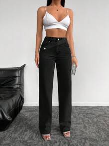 EURMUSE 100%Cotton Solid Button Detail Straight Leg Jeans - Black - View 5