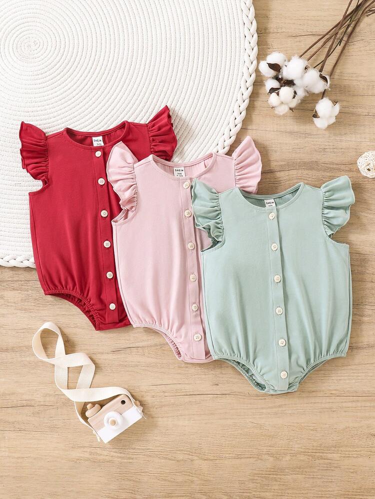 Baby Girl's Casual And Simple Knitted Ruffle Edge Sleeveless Bodysuit, 3pcs Set