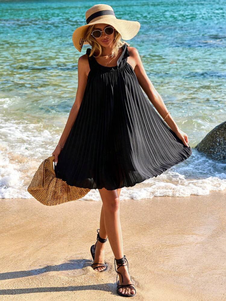 Casual Spring/Summer Plain Woven Loose Belted Pleated Dress For Vacation