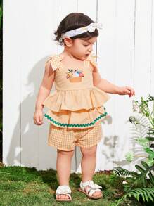 SHEIN 寶寶女孩可愛的夏季假日相間格紋和花卉圖案背心搭配短褲套裝