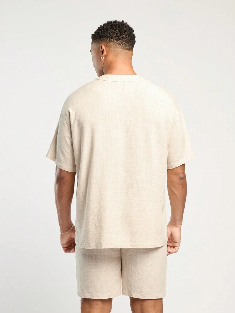 Men's Spring And Summer Casual Vacation Loose Linen Original Color Shirts And Shorts Two-Piece Set