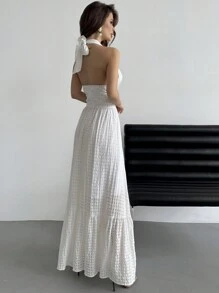 Aloruh 浪漫約會掛脖格子洋裝,女士褶邊底裙 - 白色 - 查看 3