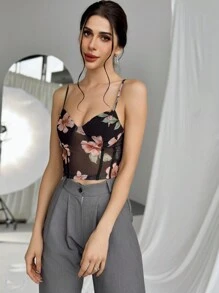 Firerie Floral Print Mesh Overlay Faux Boned Corset Top - Black - View 4