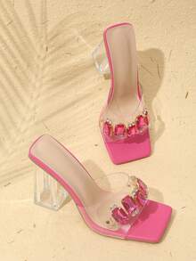 時尚的鑲鑽裝飾透明pvc方頭高跟涼鞋,適合女性穿著 - 玫紅色 - 查看 4