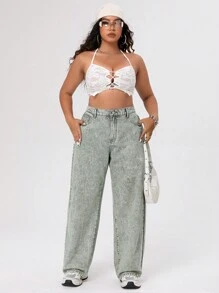 SHEIN ICON Kích thước lớn Của phụ nữ Màu xanh lá Eo cao Quần jean - xanh quân đội - Xem 3