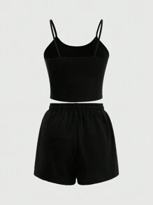 ROMWE Goth Basic Knit Stretchy Cross & Rhinestone Decor Cami Top And Shorts Set For Women, School