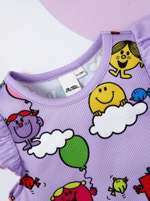 Mr Men Little Miss X SHEIN Baby Girl Cartoon Graphic Ruffle Armhole Bodysuit - Purple - View 4