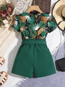Top De Manga Curta Estampado Tropical E Shorts De Cor Sólida Para Adolescentes - Verde Escuro - Visão 2