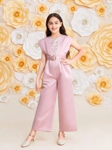 SHEIN Leap Crew DRMZ Tween Girl Tween Girl Casual Lace Splice Jumpsuit With Belted Waist And Wide Leg - Pink - View 5