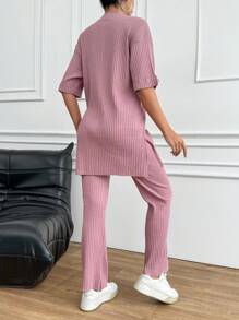 EURMUSE Women's Round Neck Drop Shoulder Short Sleeve T-Shirt And Pants Set - Pink - View 2