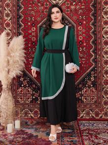 Al Najma 大尺碼女士拼色長袖圓領阿拉伯長袍連衣裙