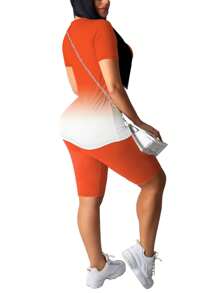 2pcs/Set Ombre Short Sleeve Top And Shorts Summer Set - Orange - View 2