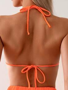 SHEIN Swim Bộ Bikini Hai Dây Màu Trơn Cho Nữ, Bộ Bikini 3 Cái/bộ, Không Dây, Bộ Bikini Đồ Bơi Bộ Đồ Tắm Trang Phục Đi Biển Kỳ Nghỉ Hè Bãi Biển Mùa Hè - trái cam - Xem 7