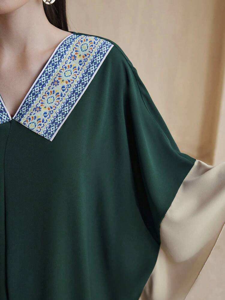 Color Block Ribbon Patchwork Batwing Sleeve Dress Kaftan Jalabiya Dress