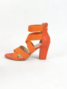 女式粗跟十字紋合金彈力羅馬涼鞋,高跟款式