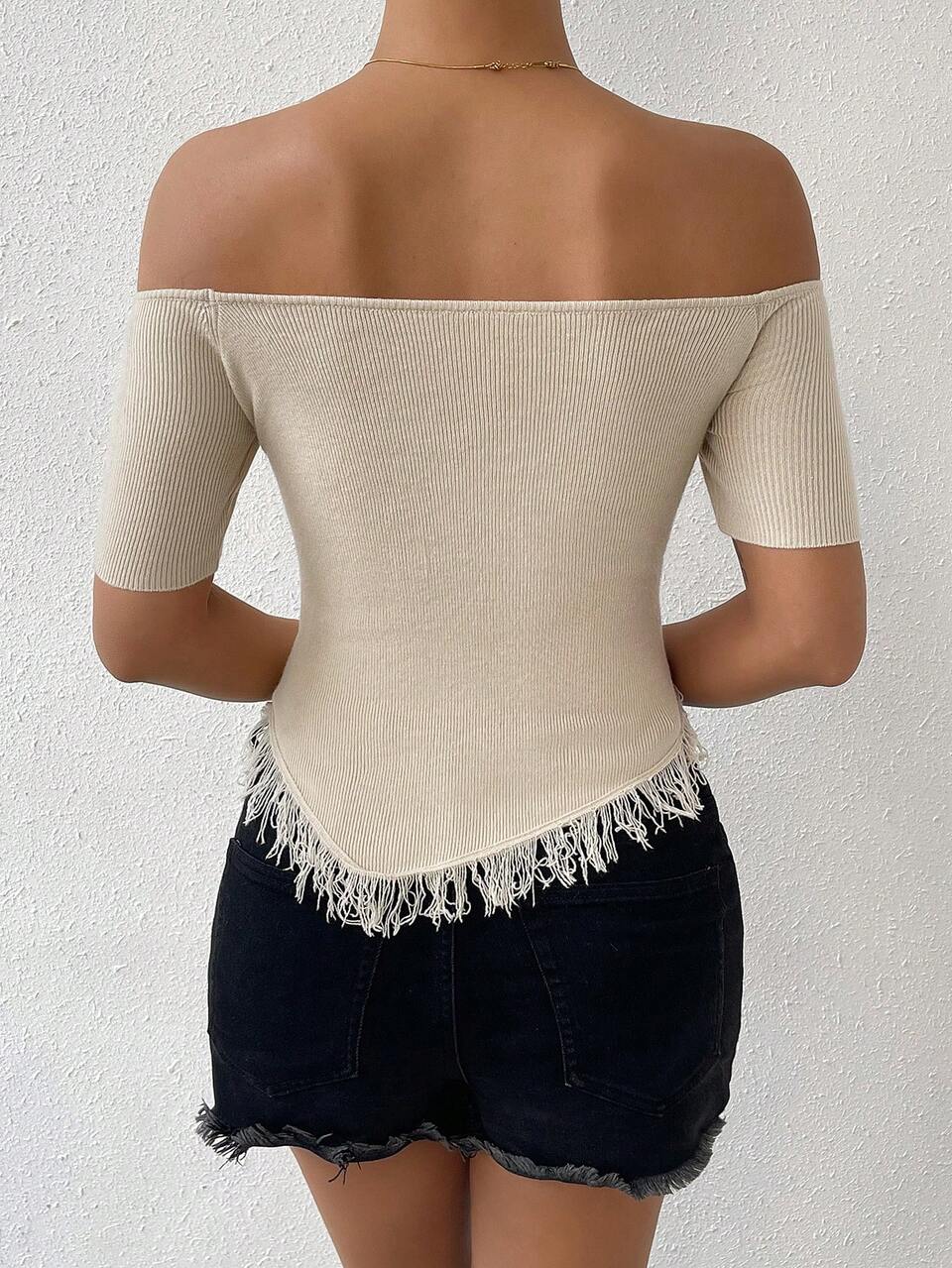 Solid Color Off Shoulder Fringe Hem Knit Top