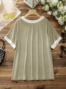 EMERY ROSE Plus Size Women's Short Sleeve Contrast Color T-Shirt