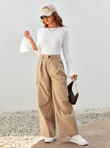 SHEIN Essnce Solid Tie Backless Split Bell Sleeve Tee - White - View 5