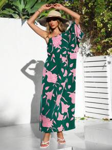 SHEIN VCAY Holiday Floral Printed One Shoulder High Side Slit Maxi Women Dresses - Green - View 3