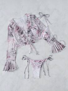 SHEIN Swim Women's Tie-Dye Stripe Print Swimwear Set Summer - Multicolor - View 7