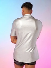 FeverCity Camisa De Hombre De Piel Elástica Metalizada - Plateado - Ver 2