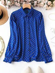 SHEIN Clasi Kích thước lớn Của phụ nữ Hoa In Tay áo dài Áo sơ mi - Màu xanh lam - Xem 1