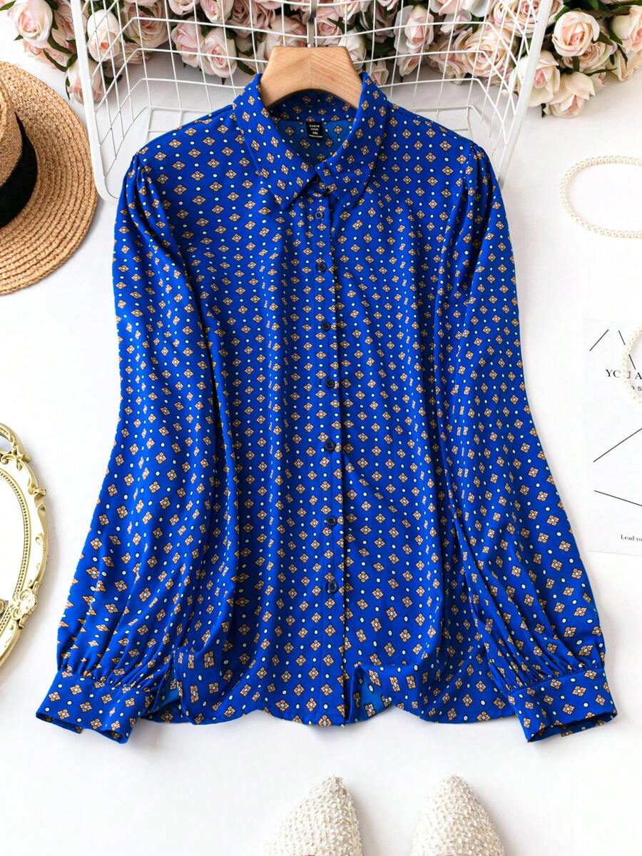 SHEIN Clasi Kích thước lớn Của phụ nữ Hoa In Tay áo dài Áo sơ mi - Màu xanh lam - Xem 1