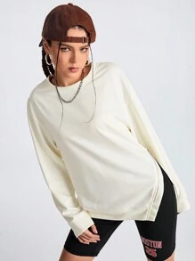 Streetz SHEIN Sport 女士純色圓領寬鬆長袖運動衫 - 杏色 - 查看 4