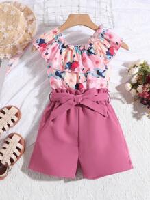 Sparklyn Tween Girls' Floral Printed Top With Ruffle Trim And Solid Color Shorts