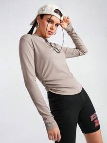 Streetz SHEIN Sport Áo nỉ thể thao nữ màu trơn, có dây rút hai bên. - Màu Khaki - Xem 5