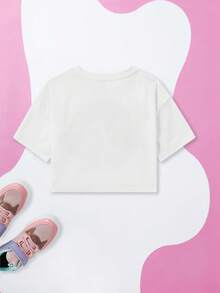 Mr Men Little Miss X SHEIN Tween女孩卡通和標語圖形落肩t恤 - 白色 - 查看 2