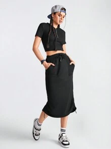 Streetz SHEIN Sport Conjunto deportivo de medio cierre de cremallera y top con cordón ajustable en la cintura con falda - Negro - Ver 1