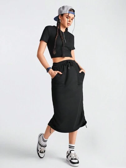 Streetz SHEIN Sport Zipper Half Placket Top & Drawstring Waist Skirt Sports Set