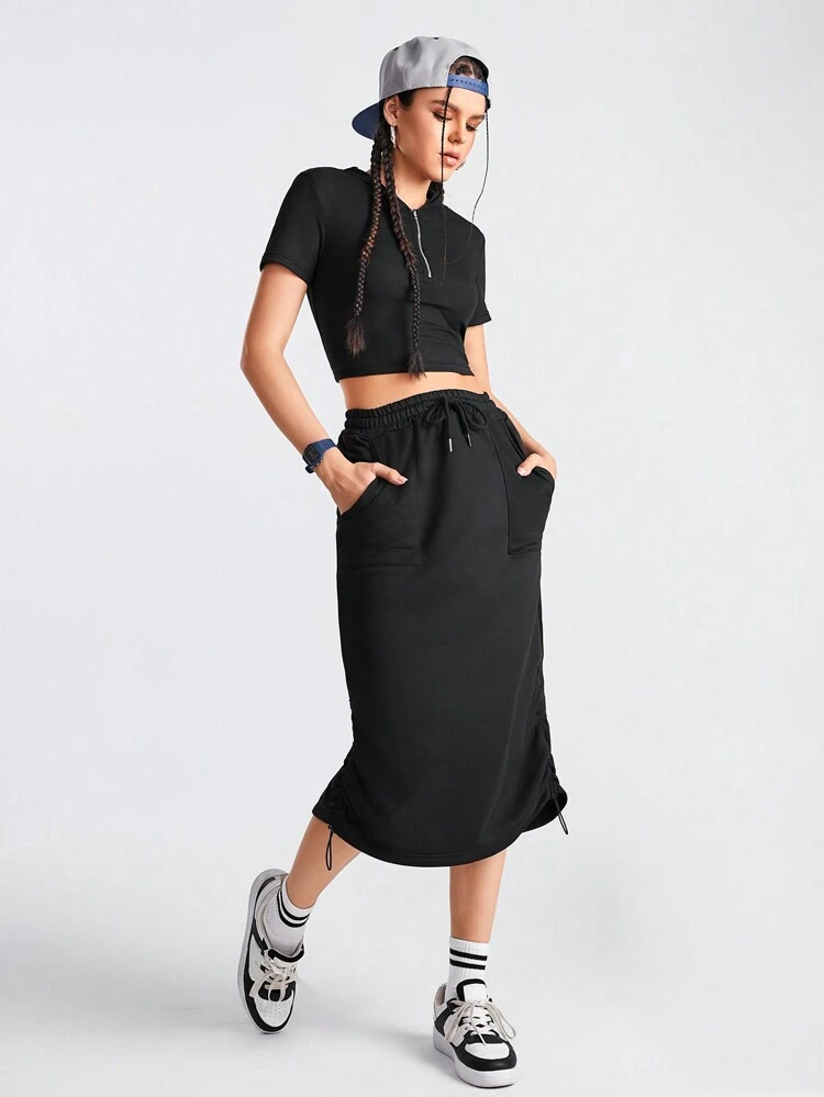Zipper Half Placket Top & Drawstring Waist Skirt Sports Set