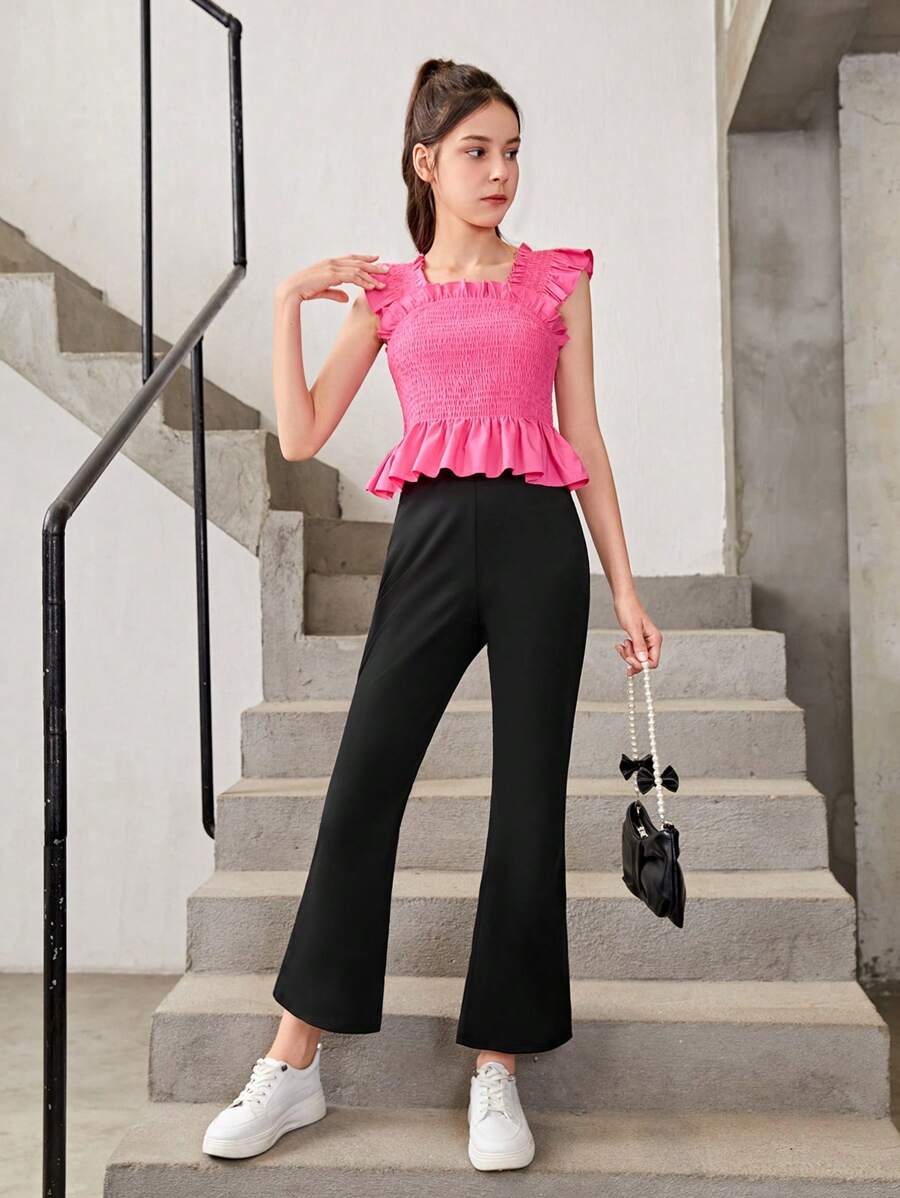 少女优雅纯色衬衫搭配喇叭裤 - 玫紅色 - 查看 1