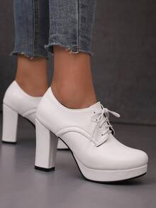 女士用白色水台高跟鞋,鞋帶皮革和厚跟 - 白色 - 查看 2